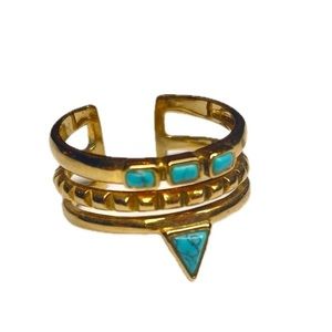 Stella & Dot Turquoise Stacked Stone Adjustable Gold Ring Tribal EUC